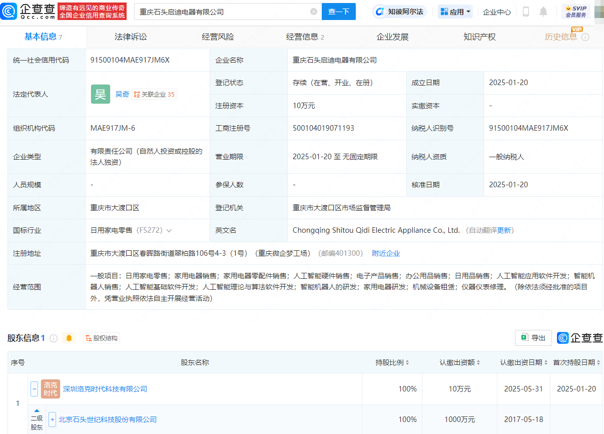 石頭科技布局新領域，新設電器公司涉足智能機器人銷售:電器銷售公司